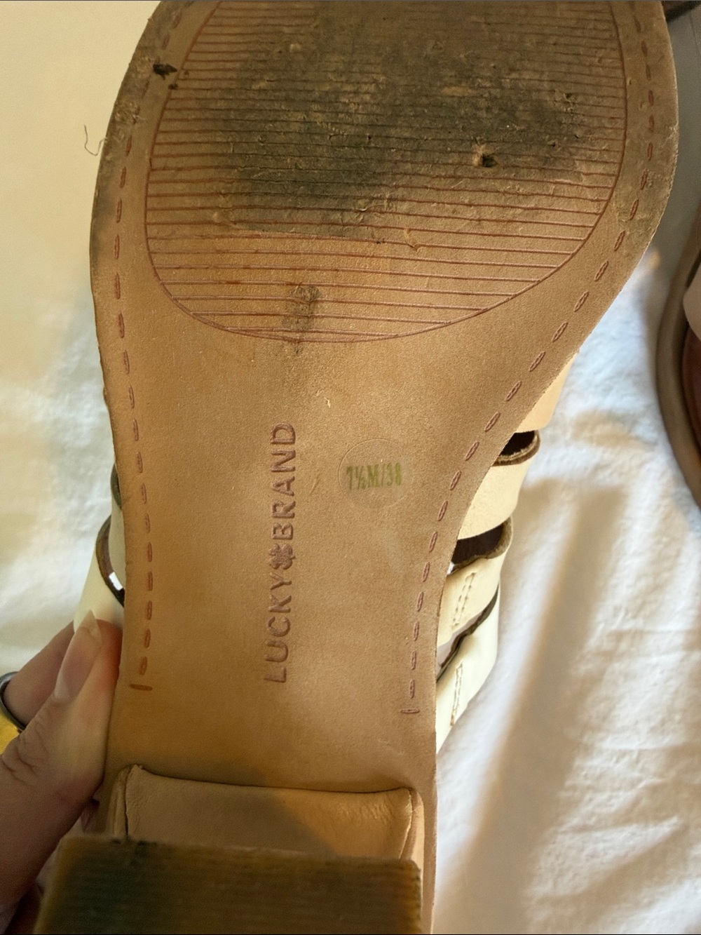 Lucky Brand Two-Tone Tan and White Strappy Block Heel Mules - Picture 3 of 3